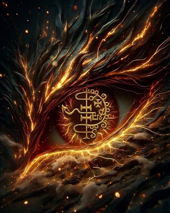 A dramatic digital illustration featuring intricate golden occult sigils floating amidst swirling dark clouds, glowing lava-like veins, and scattered embers.