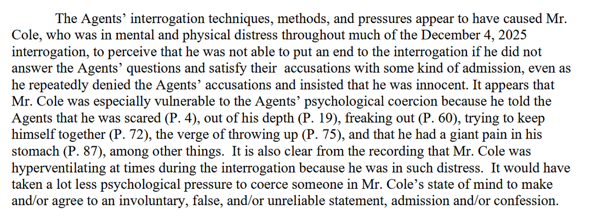 accabbat's tweet photo. Brian Cole Jr Trial: There it is, from an expert in interrogation. 

The Agents’ interrogation... and pressures appear to have caused Mr. Cole, who was in mental and physical distress...to perceive that he was not able to put an end to the interrogation if he did not ...satisfy their accusations with some kind of admission...
