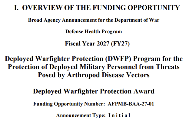afpmb's tweet photo. Protect our Warfighters! The DOW FY27 Deployed Warfighter Protection (DWFP) Program is open for pre-application submissions for advanced tech to combat disease vectors like mosquitoes &amp; ticks. Pre-App Deadline: Nov 20, 2026. Details: https://t.co/hyaWZHrpCC  #DWFP https://t.co/qqJnpOLL7D