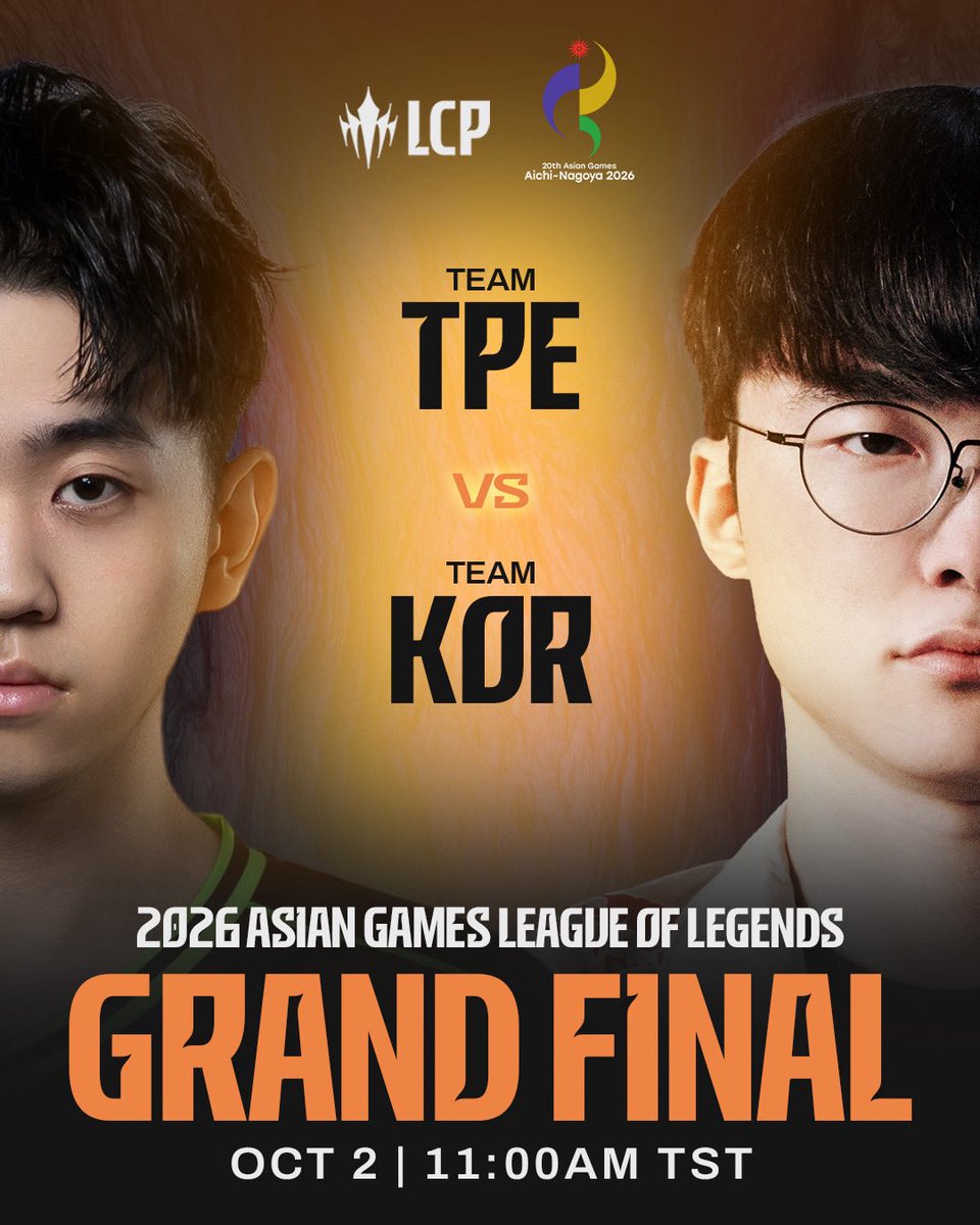 lolpacificen's tweet photo. Catch the thrilling finale of the 2026 Asian Games League of Legends event as APAC representatives TPE take on KOR!

Tune in on Oct 2, 11AM GMT+8, at https://t.co/1L8NuwUGCl! https://t.co/qLJIynVWk1