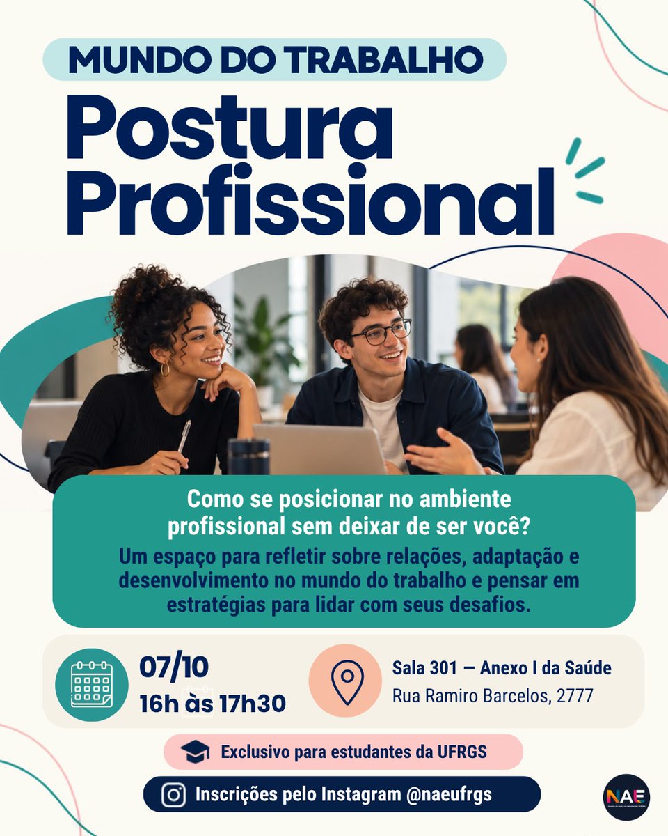 ufrgsoficial's tweet photo. Na próxima quarta-feira, 7 de outubro, o Núcleo de Apoio Ao Estudante (NAE), do Centro Interdisciplinar de Pesquisa e Atenção à Saúde da UFRGS realiza duas oficinas gratuitas voltadas exclusivamente a alunos de graduação da Universidade.

Saiba mais em https://t.co/MXKJdE2kNp https://t.co/HulrF25sGj