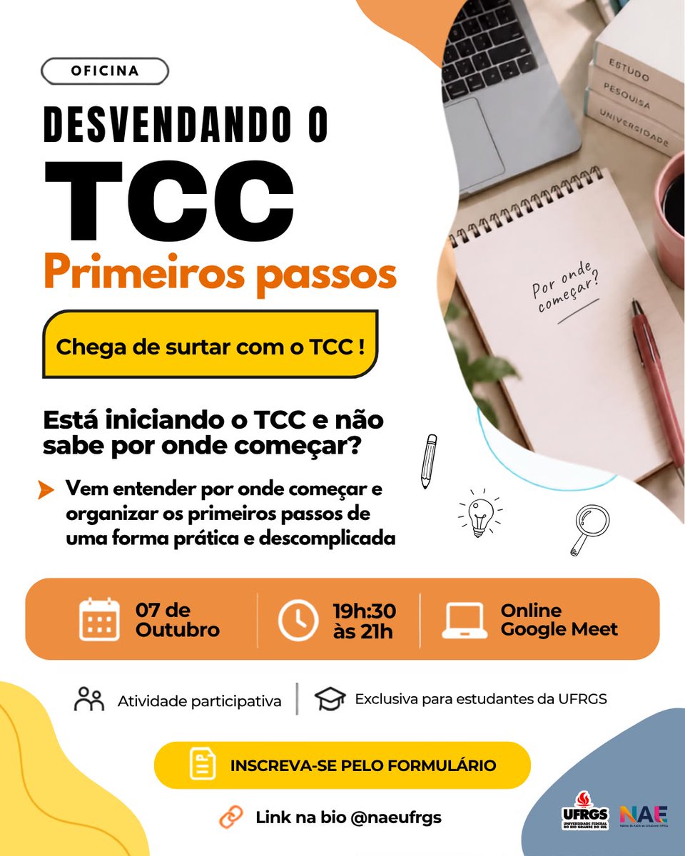 ufrgsoficial's tweet photo. Na próxima quarta-feira, 7 de outubro, o Núcleo de Apoio Ao Estudante (NAE), do Centro Interdisciplinar de Pesquisa e Atenção à Saúde da UFRGS realiza duas oficinas gratuitas voltadas exclusivamente a alunos de graduação da Universidade.

Saiba mais em https://t.co/MXKJdE2kNp https://t.co/HulrF25sGj