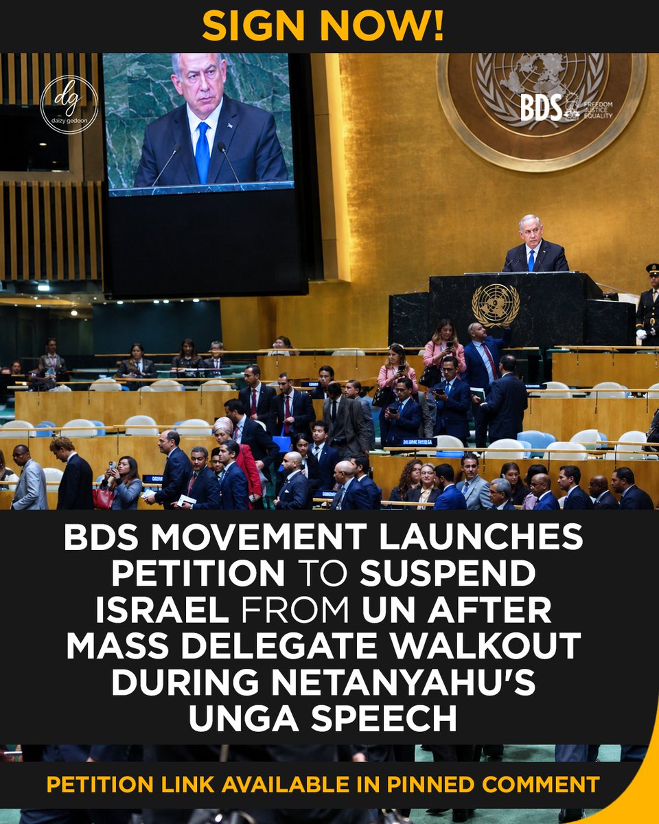 DaizyGedeon's tweet photo. A wanted war criminal was given 30 minutes at the UN stage to justify ongoing atrocities in Gaza while delegates walked out.

It’s time for action, not complicity.

Sign the petition by @BDSmovement to demand Israel’s suspension from the UN.

🔗 Link below.

#BDS #FreePalestine https://t.co/1wR2AiRU6C