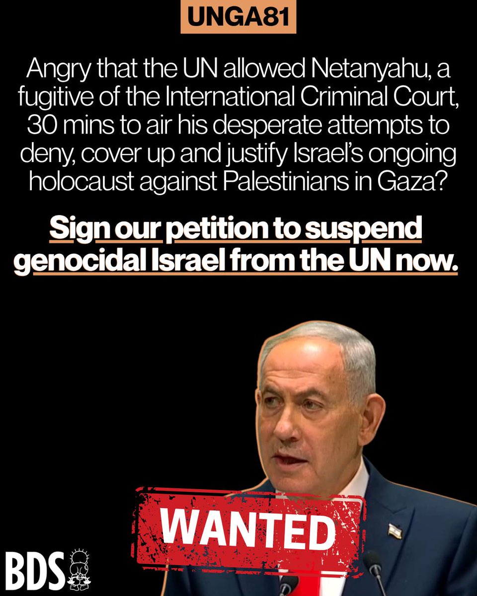 DaizyGedeon's tweet photo. A wanted war criminal was given 30 minutes at the UN stage to justify ongoing atrocities in Gaza while delegates walked out.

It’s time for action, not complicity.

Sign the petition by @BDSmovement to demand Israel’s suspension from the UN.

🔗 Link below.

#BDS #FreePalestine https://t.co/1wR2AiRU6C