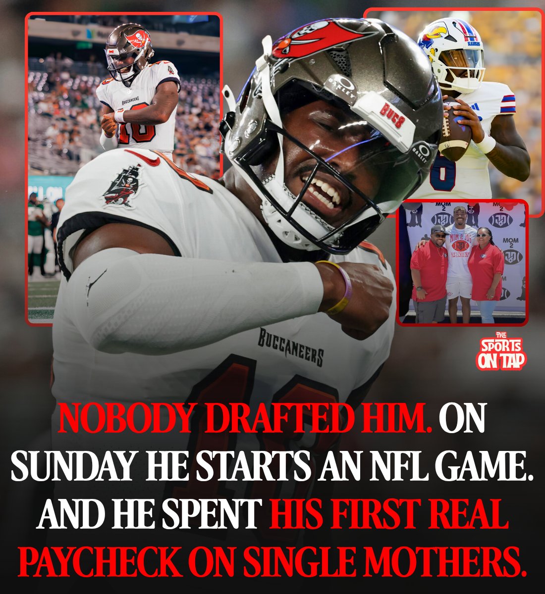 thesportsontap's tweet photo. On Sunday an undrafted rookie quarterback will make his first NFL start for the Tampa Bay Buccaneers.

It took him six years of college football to get there.

Jalon Daniels came out of Lawndale High School in California with two Power Five offers. Kansas and Syracuse. He had been committed to Middle Tennessee State before that.

He picked Kansas, and as a freshman in 2020 he started six games and lost all six.

In 2021 he beat Texas in Austin. Kansas had not won a game in that stadium since 1938.

In 2022 he was second team All Big 12, and in the Liberty Bowl he threw for 544 yards and accounted for six touchdowns. He is the first player in the history of the sport to throw for 500 yards and five touchdowns and run for one in the same game.

Then it stopped.

He went into 2023 as the Big 12 Preseason Player of the Year and played three games before a back injury took the season.

Most guys leave at that point. He had already been there four years.

He came back for 2024. Then he came back again for 2025.

Six seasons in one place. Here is what he did with the extra time nobody wanted him to need.

He graduated in December 2024 with a 3.58 GPA and a degree in sport management. He was named Big 12 Scholar Athlete of the Year, the first in Kansas history. He made Academic All Big 12 five times. He was voted team captain four times, which no Kansas player had ever done.

And in his sixth season, with the money he was finally allowed to earn, he started a foundation.

He named it MOM2JD6.

The 6 is his jersey number. The MOM is his mother.

Kansas describes what it does in plain language. It supports single mothers raising athletic children, through mentorship, training, financial aid and community resources.

Then he enrolled in graduate school in public and nonprofit management, so he would actually know how to run it.

In his last year of college he won the Pop Warner College Football Award, was a finalist for the William V. Campbell Trophy and a semifinalist for the Jason Witten Collegiate Man of the Year.

In April, every team in the NFL passed on him. All seven rounds.

The Tampa Bay Buccaneers signed him as an undrafted free agent on May 8.

Now the honest part. Undrafted quarterbacks almost never last, Tampa Bay is turning to him because they have to, and one start proves nothing about whether he can play.

But a kid who nobody but Kansas and Syracuse wanted stayed six years, got hurt twice, graduated with honors, and spent his first real paycheck building something for mothers like his own.

On Sunday he runs out with the first team.
