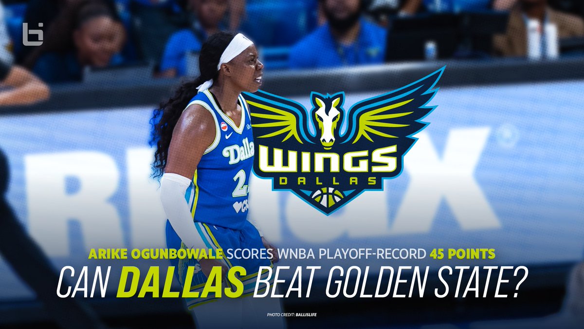 Ballislife's tweet photo. Arike Ogunbowale made #WNBA Playoff HISTORY last night with 45 points and 11 in OVERTIME!

The @DallasWings upset the Golden State Valkyries 108-100 to even the series at 1-1!

Can Dallas win Game 3 at Ballhalla or will the Valkyries advance? 👀

🔗https://t.co/FVsMxg4yqb https://t.co/gbP0lBiMi6