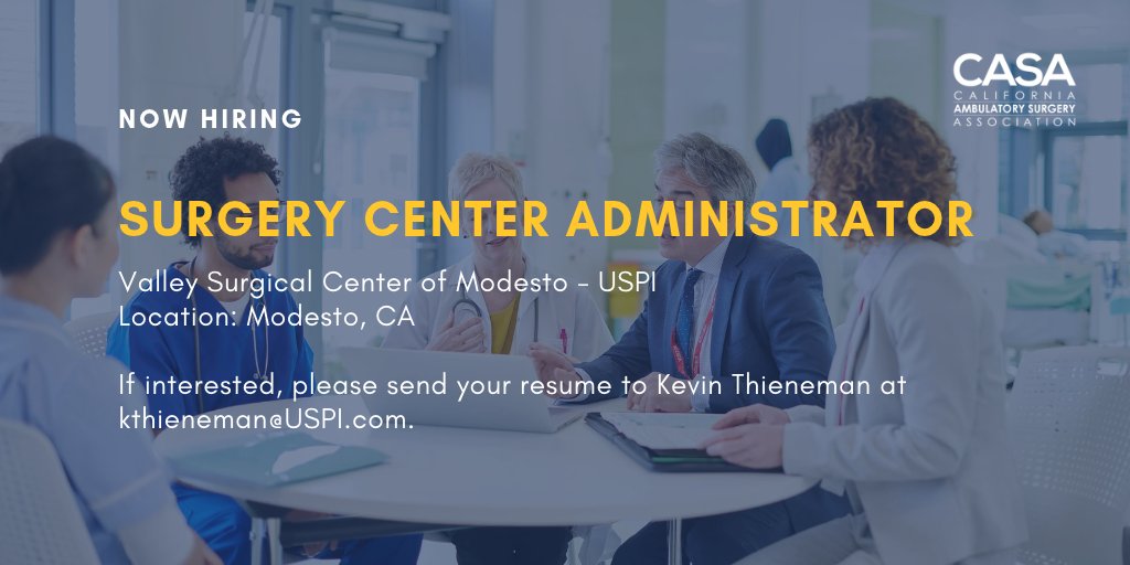 CASA_ASC_Assn's tweet photo. Valley Surgical Center of Modesto - USPI #NowHiring

Position: Surgery Center Administrator
Location: Modesto, California

If interested, please send your resume to Kevin Thieneman at kthieneman@USPI.com.

Learn more here: https://t.co/Wd4vXP0qbQ https://t.co/i7QxgEgr2W