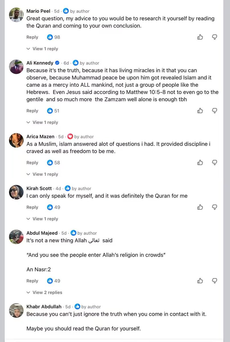 Cool_Ustaz's tweet photo. An American woman asked, “Why is everyone becoming Muslim?” 🇺🇸☪️

The comments are absolutely amazing. 😂

Sometimes, the more Islam is attacked, the more people seem to become curious about it, learn about it, and ultimately embrace it.

Alhamdulillah. 🤲☝️❤️ https://t.co/5Ji1kjwxTH
