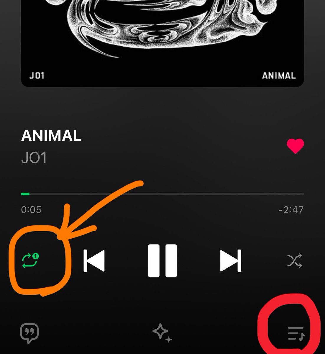_rara_2_'s tweet photo. らいんみゅJAMさんへ　#JO1
ANIMAL【🔂】←この1がついてるリピートは1曲リピートなのでこちらを選択してスミンを！
誤操作で違う曲をスミンしてしまわないように
・ANIMAL 1曲のリストを作ってスミン
・赤いところを押して、2枚目のANIMAL以外にチェックを入れて右下の削除を押してスミン
するのも🙆🏻‍♀️ https://t.co/BTCmO39dLh
