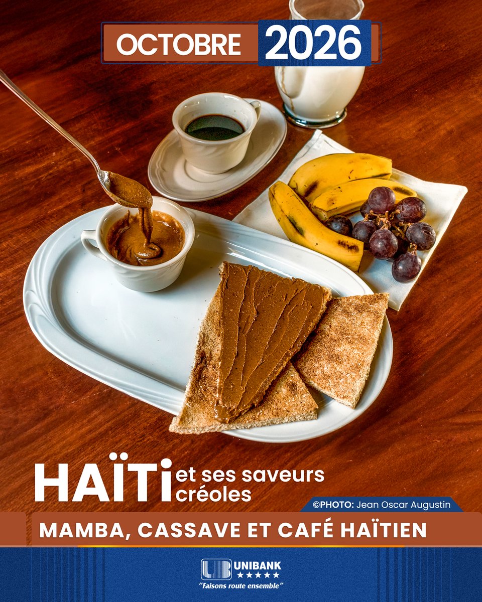 UBHaiti's tweet photo. Calendrier UNIBANK 2026 : Haïti et ses saveurs locales | Mamba, Cassave et Café Haïtien : Le mamba est une pâte à tartiner haïtienne à base d'arachides, et la cassave est une galette de manioc, souvent consommée avec le mamba, mais aussi avec du café haïtien.
#UnibankHaiti #FaisosnsRouteEnsemble #calendrierunibank #calendrier2026