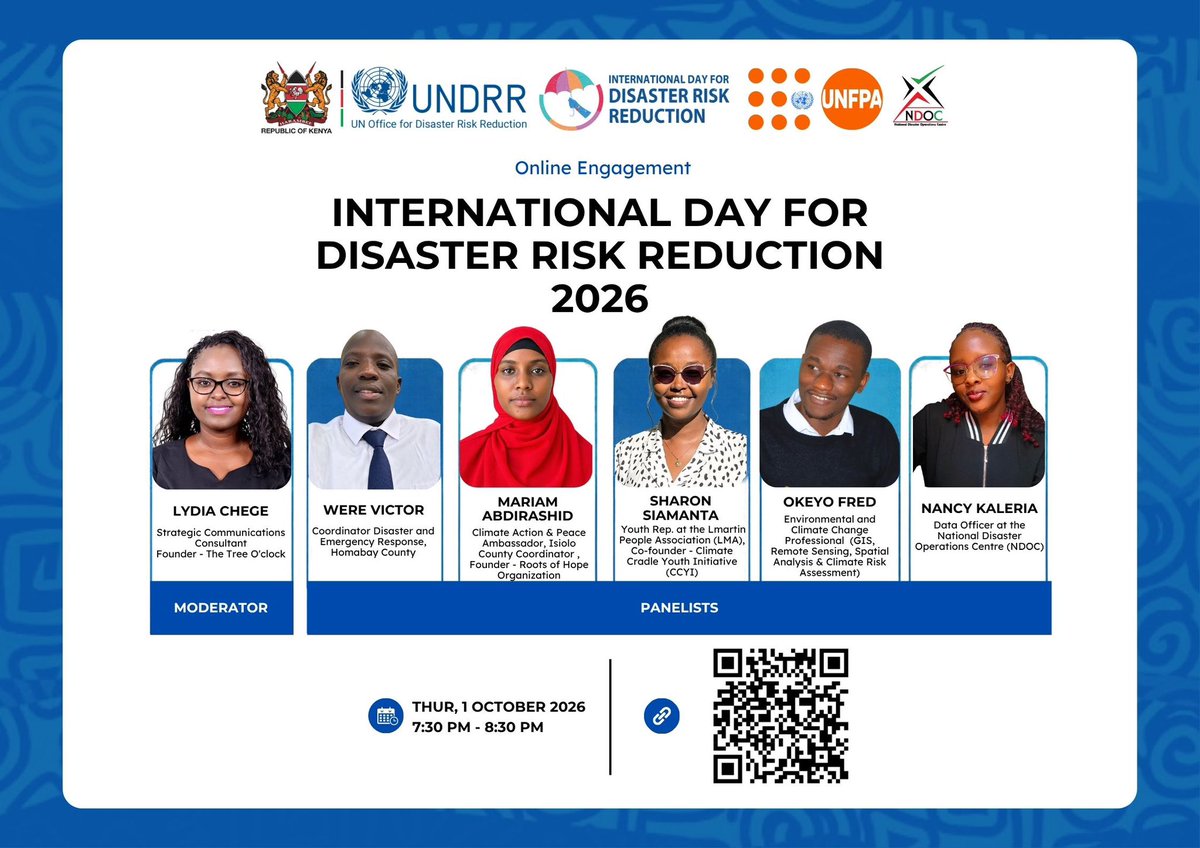 MariamAbdiR's tweet photo. What disaster risk concerns your community most?
Tomorrow we’ll have an important conversation on disaster preparedness resilience protection and the experiences of young people
Come share your experience thoughtsand solutionsYour voice matters 
#IDRR2026
#RESILIENCESTARTSATHOME https://t.co/JZlCpauYF4