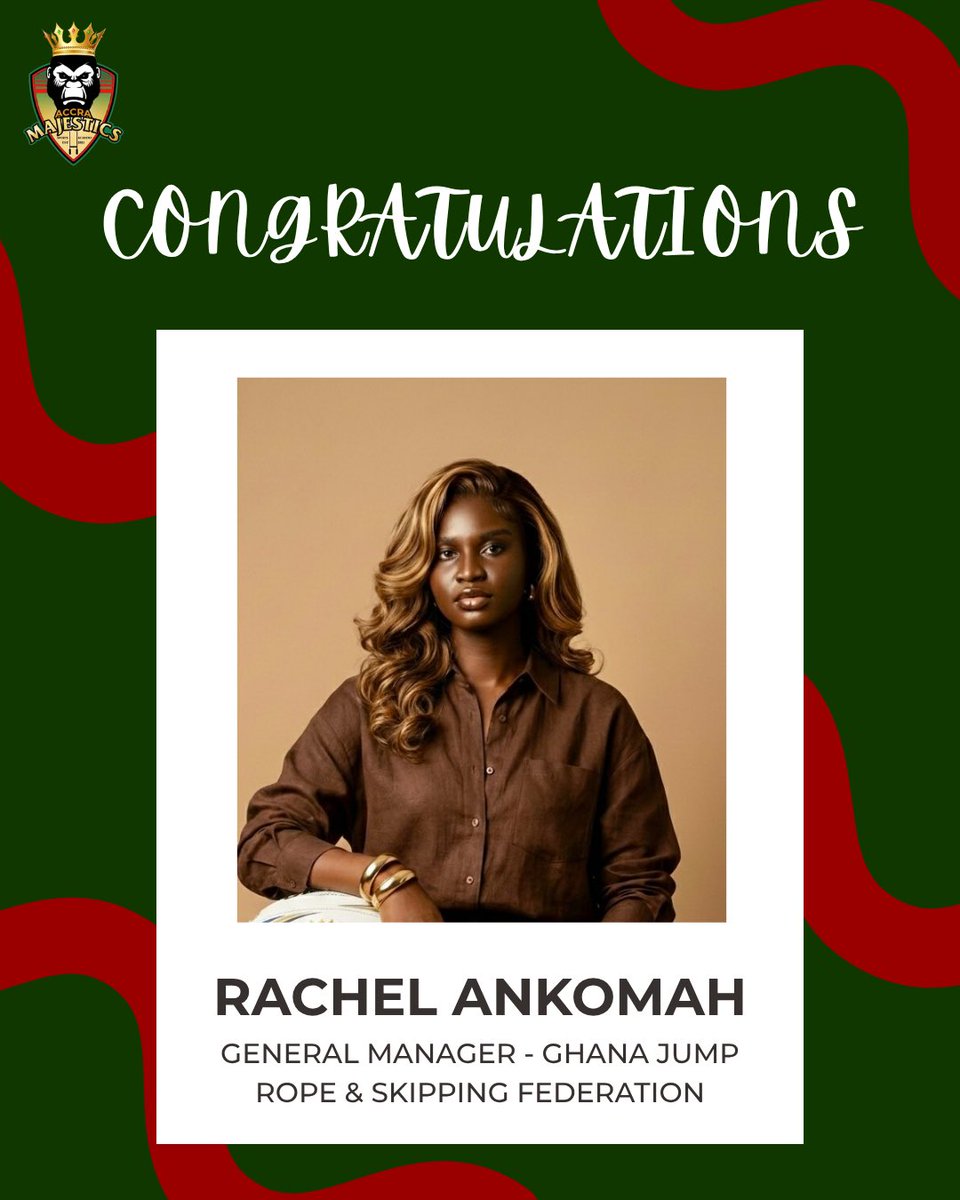 AccraMajestics's tweet photo. 🎉 Congratulations to our Founder &amp; President, Rachel Ankomah, on her new role as General Manager of the Ghana Jump Rope &amp; Skipping Federation. 🇬🇭🪢

Proud to see a Majestics leader taking on new responsibilities in sports. 👏🏾💚❤️🖤

Congratulations, Rachel! https://t.co/mswZcrYcac