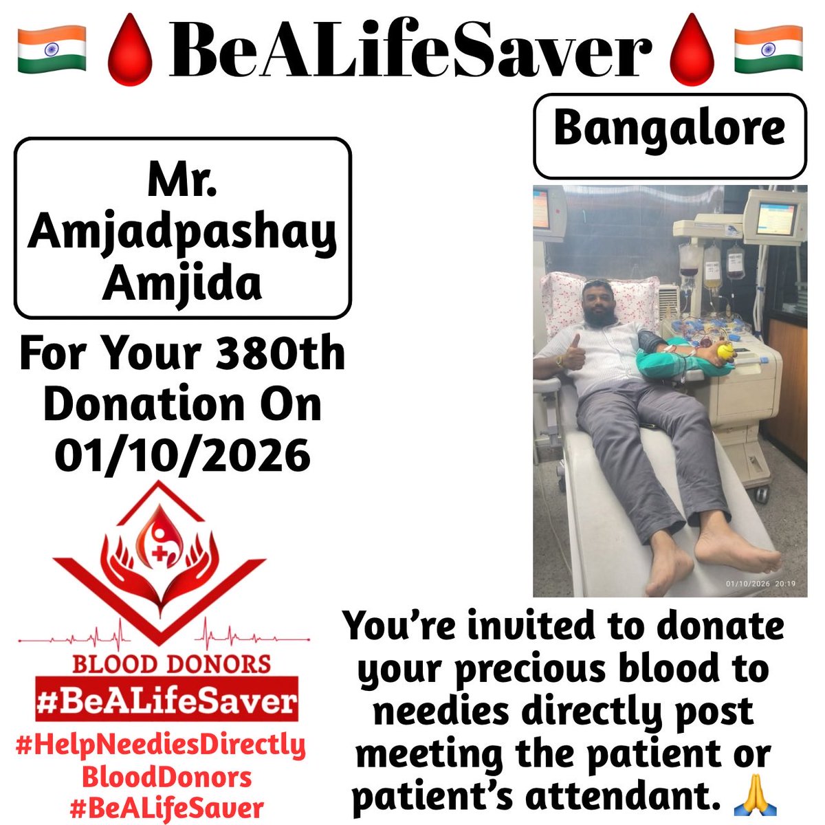 BeALifeSaver1's tweet photo. π Congrats To Dear Amjadpashay Amjida For His 380th Blood Donation π
#HelpNeediesDirectly #BeALifeSaver
Today's hero, Dear Amjadpashay Amjida, donated blood in Bangalore for the 380th time to help a patient in need. Heartfelt gratitude and respect for his selfless act. https://t.co/CYXjncOjU8