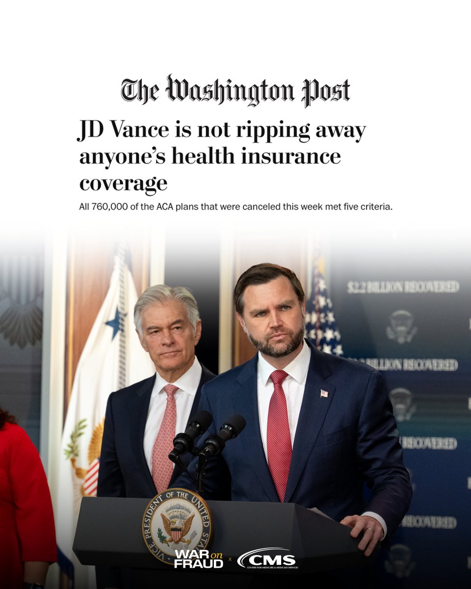 DrOzCMS's tweet photo. The previous administration weakened safeguards around the ACA marketplace and allowed bad actors to flood in.

That’s why @VP Vance’s @WHFraudTF took swift action and EVICTED 760,000 phantom enrollees tied to agents or brokers — cases where enrollees had no SSN, paid $0 in premiums, filed no claims, and never responded when insurers tried to verify their coverage.

The War on Fraud continues.