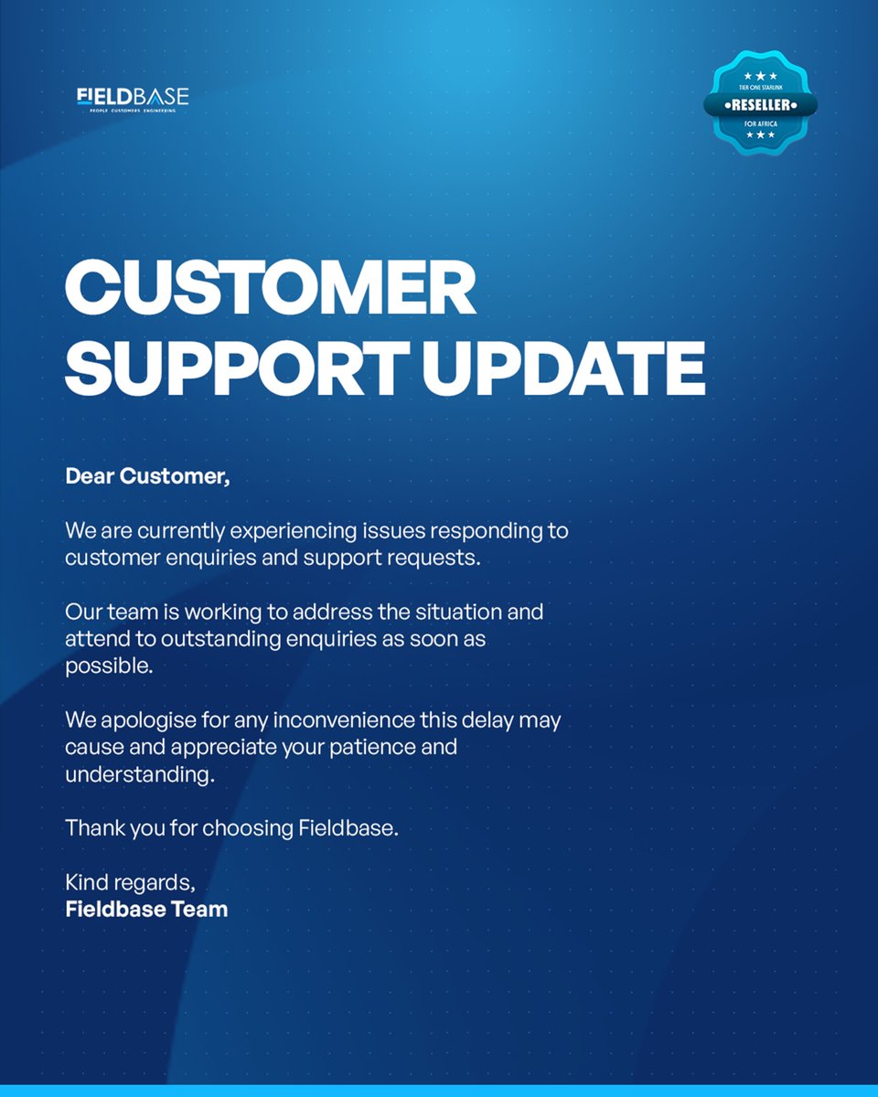 FieldbaseL's tweet photo. We are currently experiencing issues responding to customer enquiries and support requests. Our team is working to address the situation as soon as possible.

We apologise for any inconvenience this may cause and appreciate your patience and understanding. 

Thank you for choosing Fieldbase.