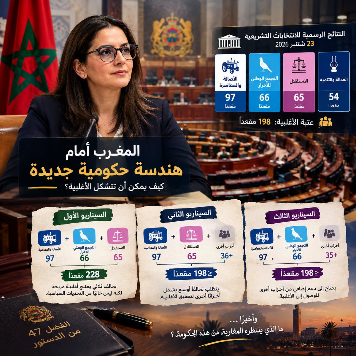 ChaoukiCH04's tweet photo. سيناريوهات التشكيلة الحكومية الجديدة
🔹 السيناريو الأول: استمرار التحالف الحكومي الحالي PAM + الاستقلال + RNI ب 228 مقعدًا.
🔹 السيناريو الثاني: PAM + الاستقلال + أحزاب أخرى ب 162 مقعدًا.
وهنا يبرز دور أحزاب مثل الحركة الشعبية والاتحاد الاشتراكي تنتظر فقط الفرصة لدخول الحكومة. https://t.co/3trclOBAJQ