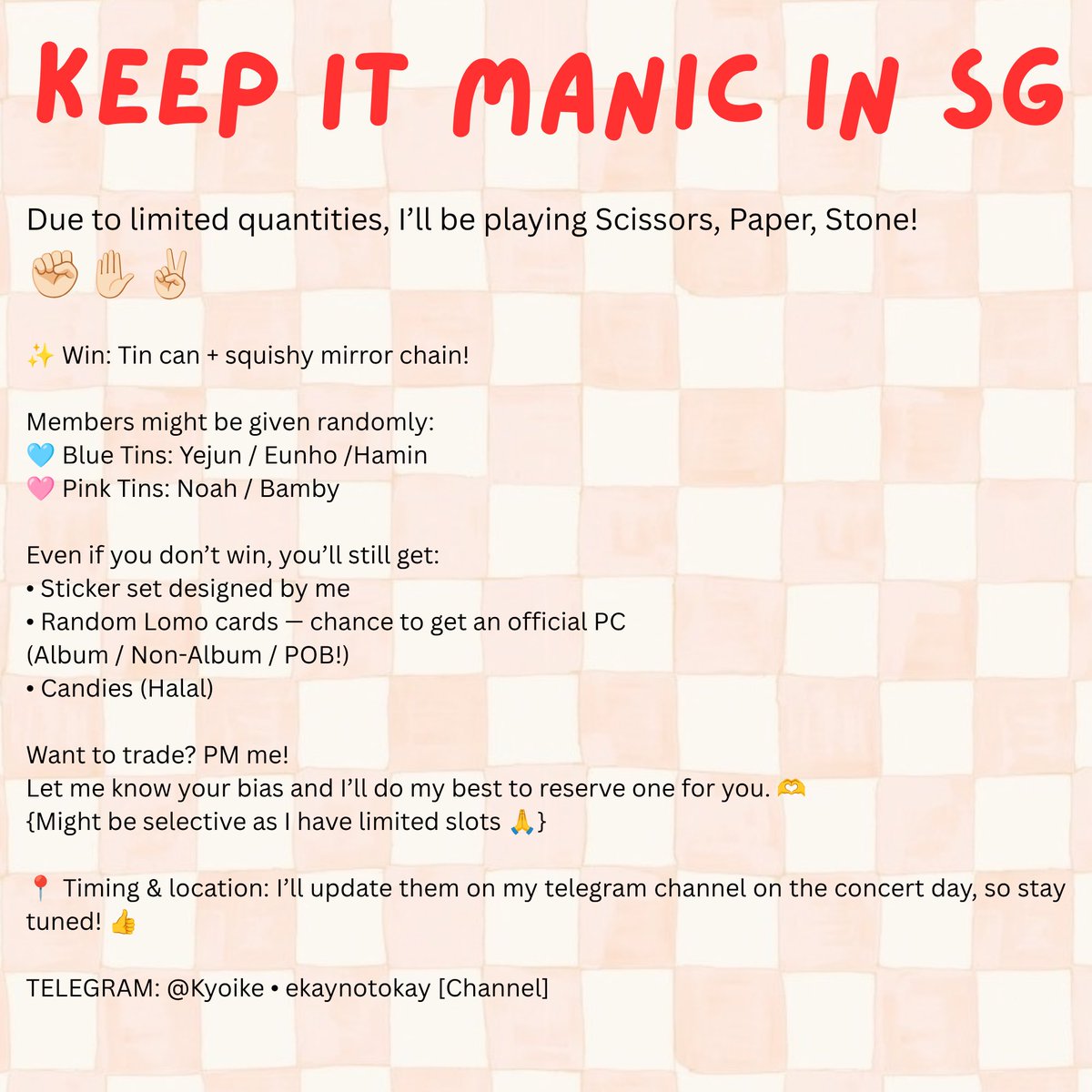 EkayNotOkay's tweet photo. Hi Fellow Pllis! Giving out some freebies at Plave KEEP IT MANIC SINGAPORE. 

For more info, do check my telegram channel, will be updating everything there! See you all ^^

Rt appreciated~ 

https://t.co/ecHGMcgdTY 

#Plave #플레이브 #KeepItManicSG #KEEP_IT_MANIC_in_SINGAPORE https://t.co/77YAw5KcJT