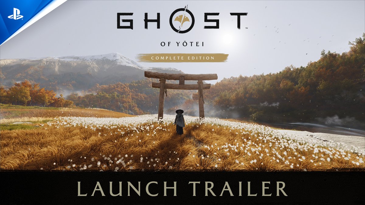 A samurai gazes across a field of white flowers toward a torii gate and snow-capped mountains under the title "GHOST OF YŌTEI COMPLETE EDITION" and "LAUNCH TRAILER," showcasing the visually stunning scenery players can capture in photo mode during the newly released DLC.
