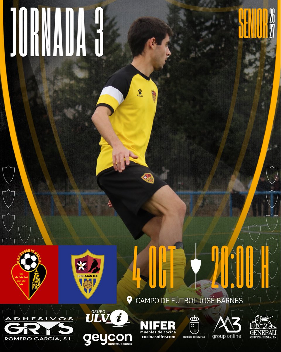 BeniajanCf's tweet photo. //SENIOR//

JORNADA 3 ✅

C.A.P. CIUDAD DE MURCIA 🆚 SENIOR

🗓️ 04/10/2026

🕒 20:00 H

🏟️ Campo de Fútbol José Barnés

¡PARTIDAZO! A POR ELLOS💛🖤 https://t.co/25zr5QUERx
