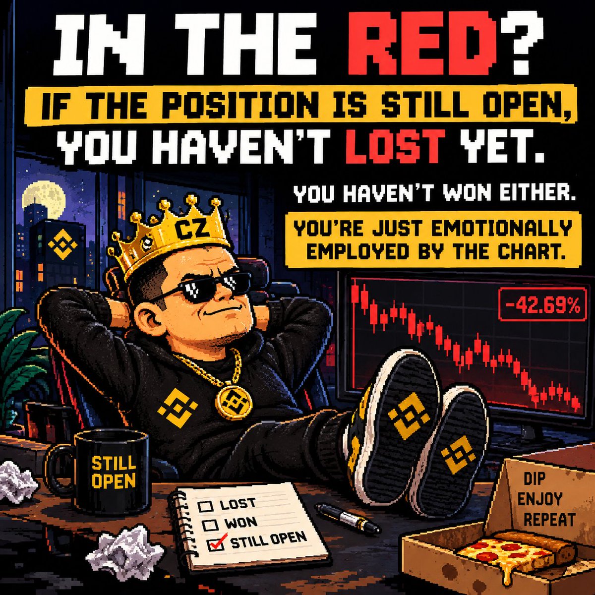 BullnBearoff's tweet photo. KIND REMINDER TO EVERYONE IN THE TRENCHES: 💀
RED DOESN’T MEAN REKT.
If the position is still open, you haven’t lost yet.
You haven’t won either. You’re just emotionally employed by the chart. 📉
$BTC #Crypto #Trading https://t.co/qZrp2zQw9g