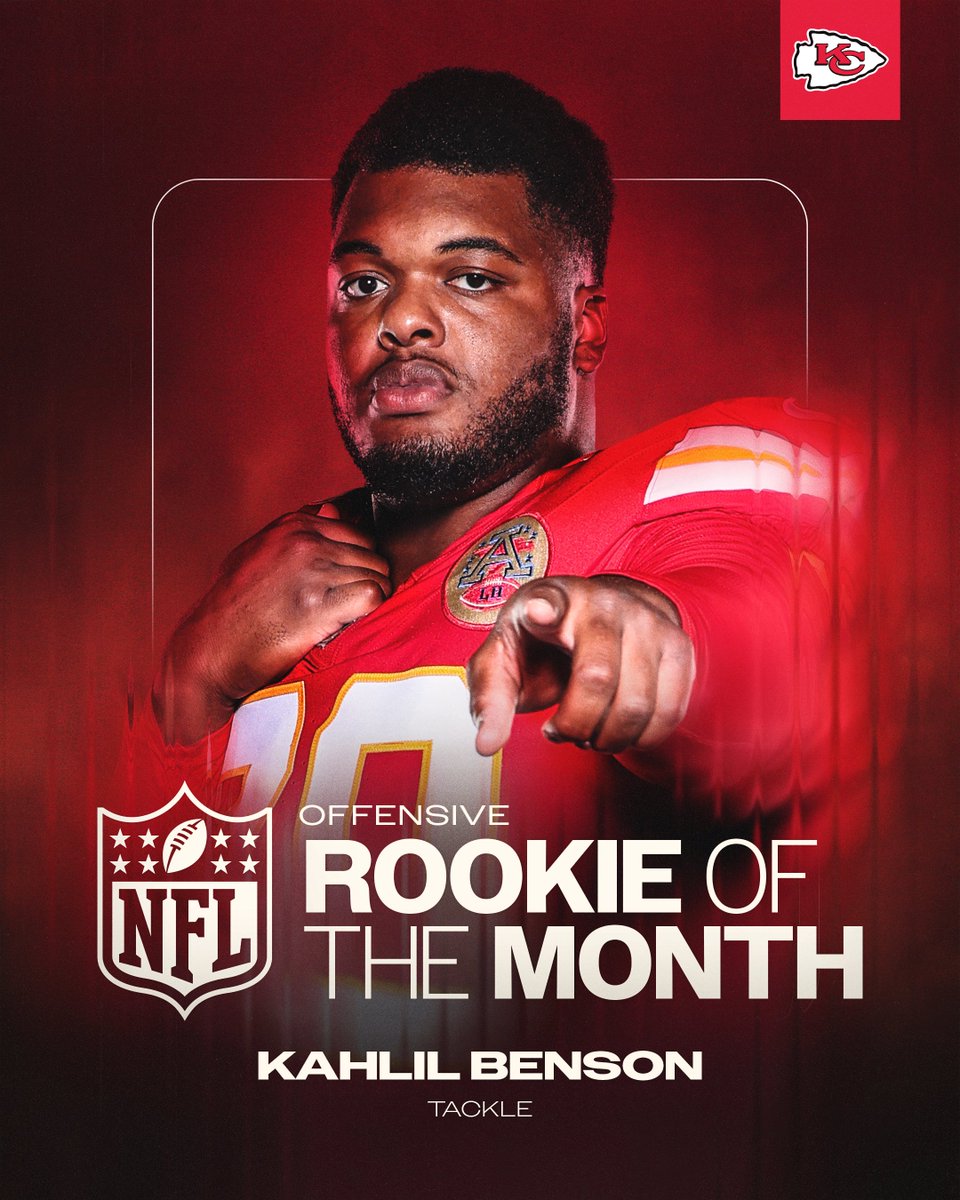 Chiefs's tweet photo. Not a bad start to your NFL career 👏

Congratulations to @BensonKahlil on being named NFL Offensive Rookie of the Month! https://t.co/Cse3RrRZ2X