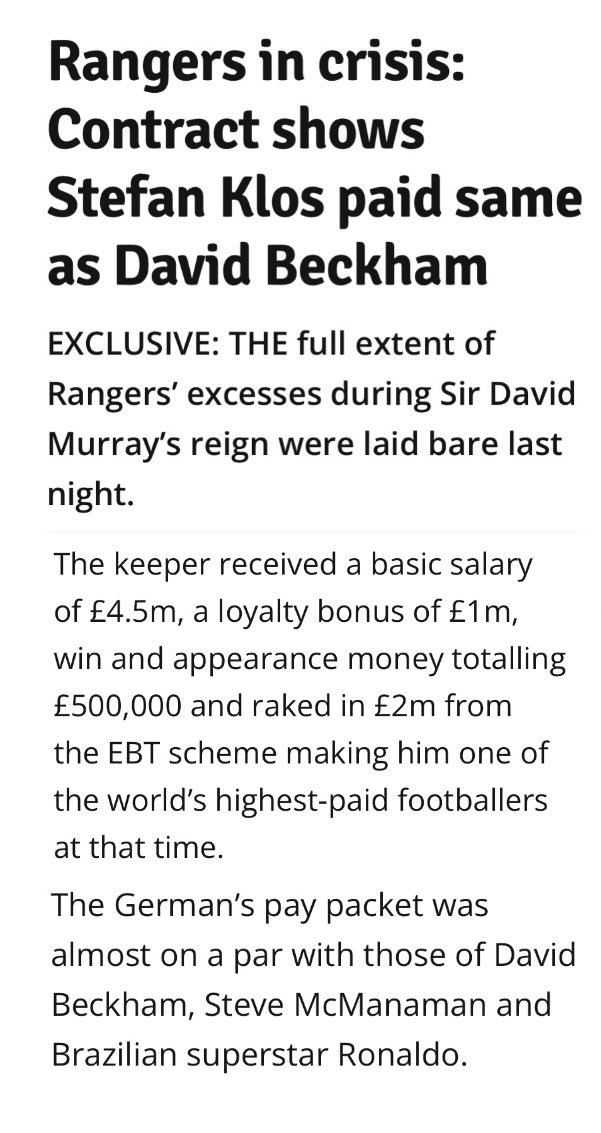 Zeshankenzo's tweet photo. Goram was getting £200 a week as Rangers keeper in 1997.

Rangers then signed keeper Stefan Klos a year later in 1998 and made him one best paid footballers in the world.

Rangers Keepers wages:

1997 = £200 a week.
1998 = same as Brazilian Ronaldo.

Something to think about. https://t.co/z39V1hgerE