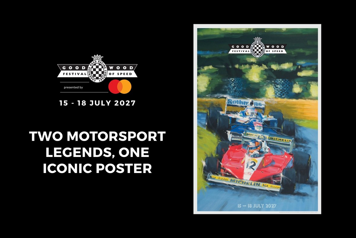 fosgoodwood's tweet photo. Two generations of motorsport legends captured in one iconic poster. Pre-order the official 2027 Festival of Speed poster today so you don't miss out. https://t.co/Xg4kKBs3cu https://t.co/RNqCLkBVYI