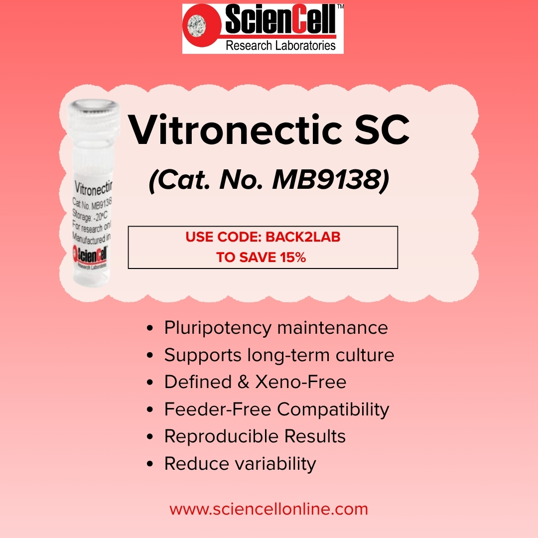 sciencell's tweet photo. Looking for a defined, xeno-free coating solution for pluripotent stem cell culture?

ScienCell’s Vitronectin SC (Cat. No. MB9138) supports feeder-free culture, long-term pluripotency maintenance, and more reproducible results with reduced variability. https://t.co/DlXiel8E8X
