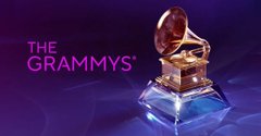 The Grammy Awards logo is displayed next to a golden gramophone trophy on a purple background with the text 'THE GRAMMYS'.