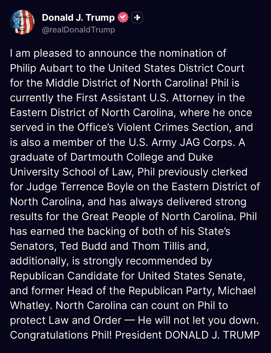 Berrykaialuna's tweet photo. 🚨 NOW: President Trump just infuriated activist judges by announcing 2 CONSERVATIVE federal judicial appointments in North Carolina and the 5th Circuit

Time for the Senate to RAPIDLY confirm 🔥

And start IMPEACHING rogue judges like Boasberg and “Sooknanan.” https://t.co/mIUErRpDwW