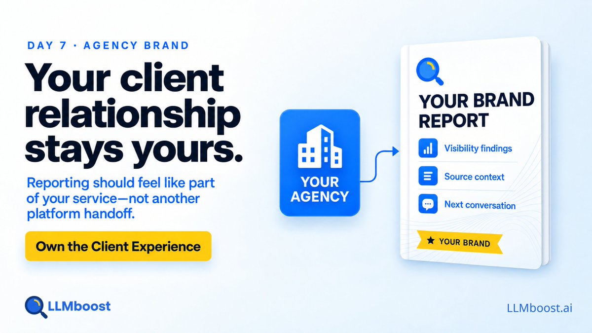 LLMboost's tweet photo. The client relationship is yours.

Their reporting should feel like part of your service—not a handoff to another platform’s brand.

#WhiteLabel #AgencyBrand https://t.co/fzb6nBurAr
