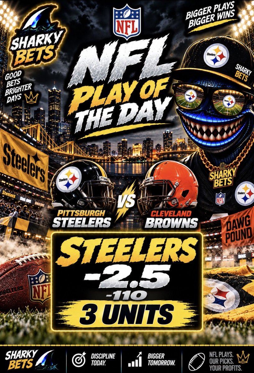 SharkyBets_'s tweet photo. 🚨🏈 NFL PLAY OF THE DAY 🏈🚨

🖤💛 STEELERS -2.5 (-110) 3 UNITS

📈 UP 10+ UNITS THIS NFL SEASON

💰 TAIL IT &amp; LET’S CASHHHHH!!! 🦈 https://t.co/I5HA5WU2LE