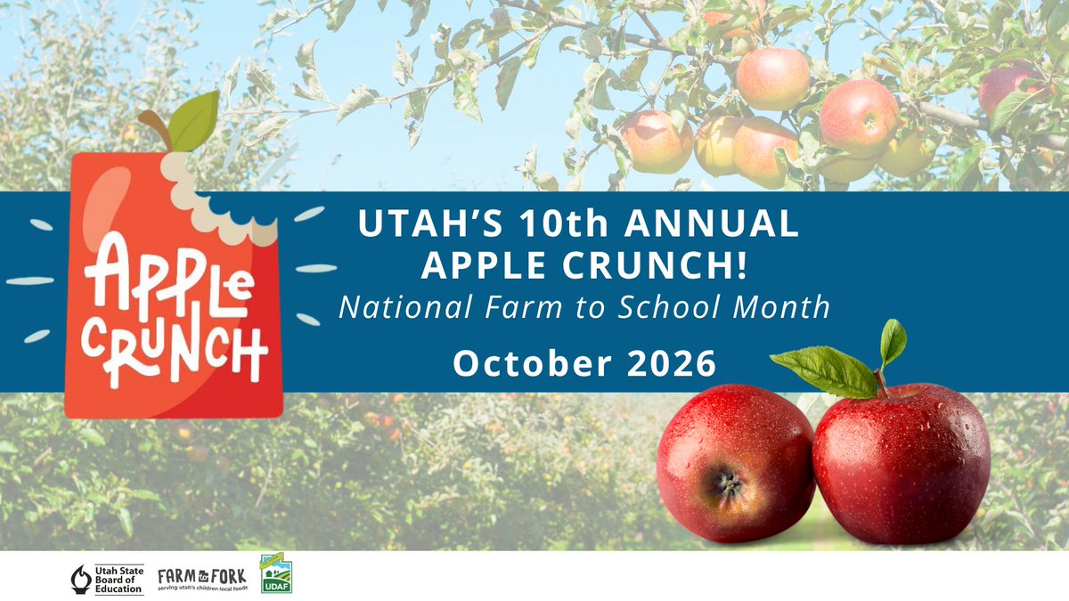 UTPublicEd's tweet photo. Join the 10th Annual Utah Apple Crunch! Apple Crunch provides a fun, hands-on opportunity for K-12 and early childhood students to explore healthy foods, support Utah farmers, and discover the importance of local food systems. https://t.co/09bPJ2DBNO