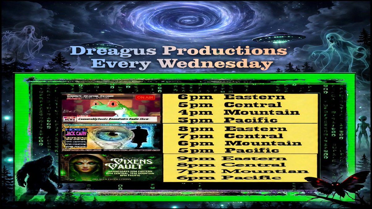 DreagusProd's tweet photo. This Wednesday LIVE β Oct 7
6pm ET CensorshipSucks Β· 8pm PIA w/ Jack Cary Β· 9pm Vixens Vault
https://t.co/euH6wApZ9g
https://t.co/zvW9zfgJSb
#DreagusProductions #LiveRadio #CensorshipSucks #PIARadio #VixensVault https://t.co/fu1mvkTYrr