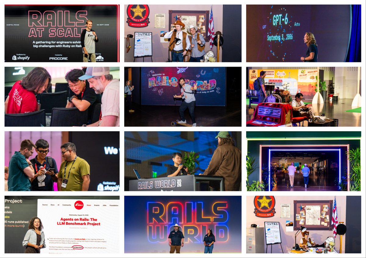 rails's tweet photo. All Rails World 2026 talks now online!

Last week more than 1,000 developers gathered in Austin to hear talks from 27 speakers. While all four keynotes got everyone talking about AI, this year’s talks covered a good balance of what's new in Rails and how Rails developers are putting AI to work: from harnesses to Herb, Active Search to HotCell, generators to Lexxy, and so much in between.

If you got caught in the hallway track, or couldn't make it to Austin, catch up on what you missed here: https://t.co/MbYc2CpXj5
