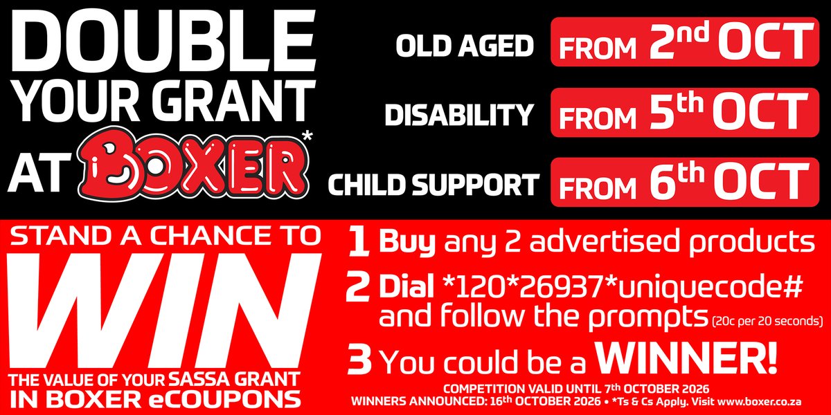 BoxerStores's tweet photo. 📢SASSA GRANTEES we are paying out your grants this week! Come collect your grant, shop in-store &amp; stand a chance to Double Your Grant - check your till slip for details! 🤩Competition ends 7th October 2026! #BoxerStores #DYG https://t.co/pmL8jr5fTz