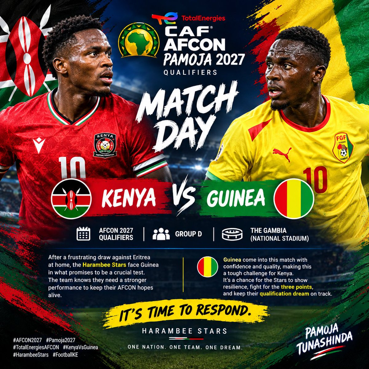 EmpowerDigest's tweet photo. 🇬🇳GUINEA vs 🇰🇪 KENYA | AFCON PAMOJA 2027
MATCHDAY! The Harambee Stars are back in action- and this time, there is plenty to prove. 🔥
#HarambeeStars #AFCON2027Qualifiers #Pamoja2027 #TotalEnergiesAFCON2027Qualifiers https://t.co/bHtmkBUEiH