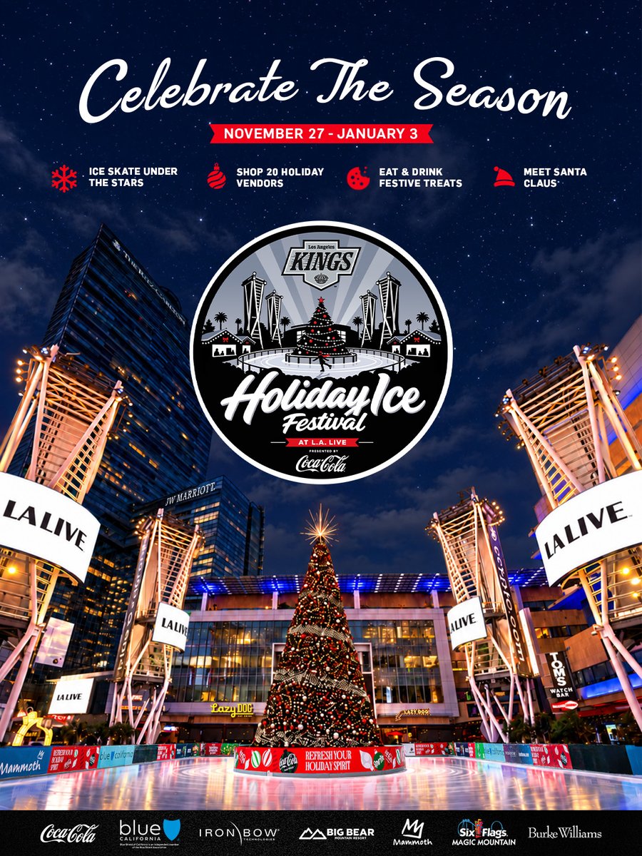 LALIVE's tweet photo. Celebrate the season at the all-new LA Kings Holiday Ice Festival Presented by Coca-Cola, a one-of-a-kind holiday experience in the heart of Downtown Los Angeles from November 27 - January 3. Get into the holiday spirit as L.A. LIVE transforms into a winter wonderland filled with skating, shopping, dining, entertainment, and festive experiences for guests of all ages.

Join the waitlist to be the first to know when tickets go on sale - https://t.co/dZAmEl2NDp