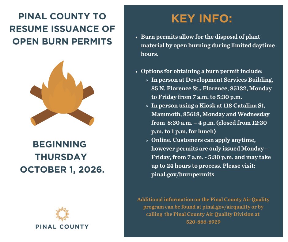 PinalCounty's tweet photo. Beginning today, Pinal County Air Quality is resuming the issuance of open burning permits throughout the County. Burn permits allow open burning to dispose of plant material during limited daytime hours. https://t.co/xlra9rmtqG