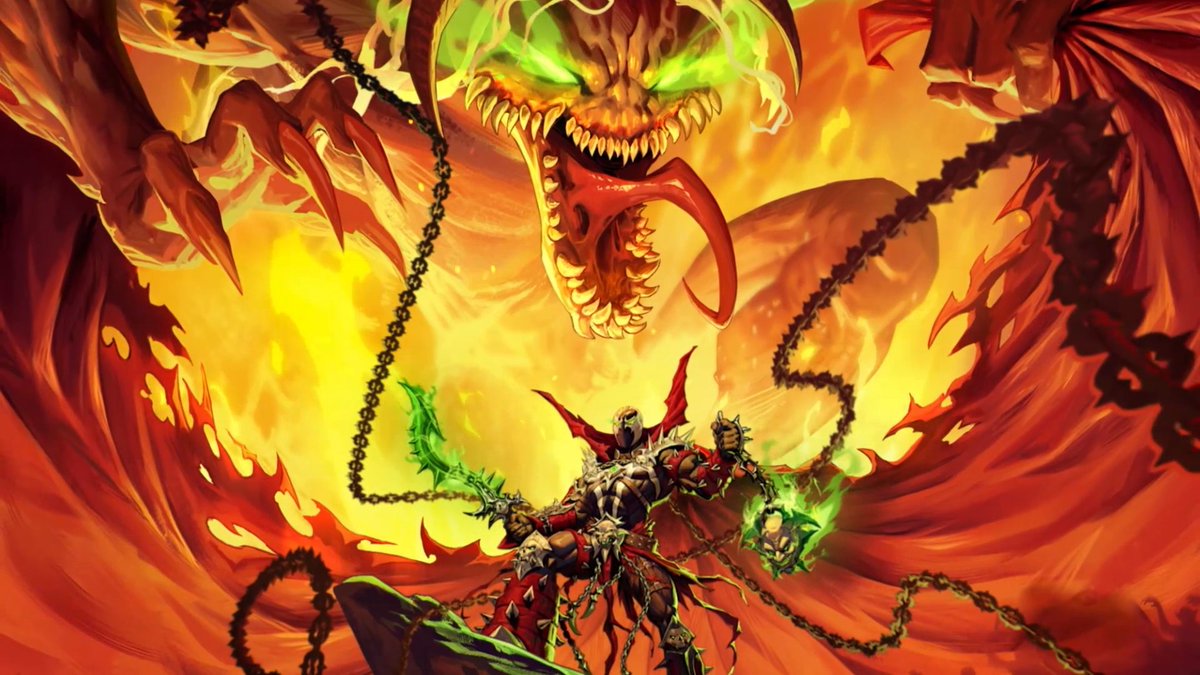 A demonic warrior wielding green-flamed weapons stands defiantly before a towering, fanged demon wreathed in fire and chains, evoking the infernal battleground of Hell's Eighth Circle described in the Spawn Event promotion. The imagery directly visualizes the hellish conflict and dark, supernatural rewards promised, from the Violator Familiar to Spawn-inspired gear.