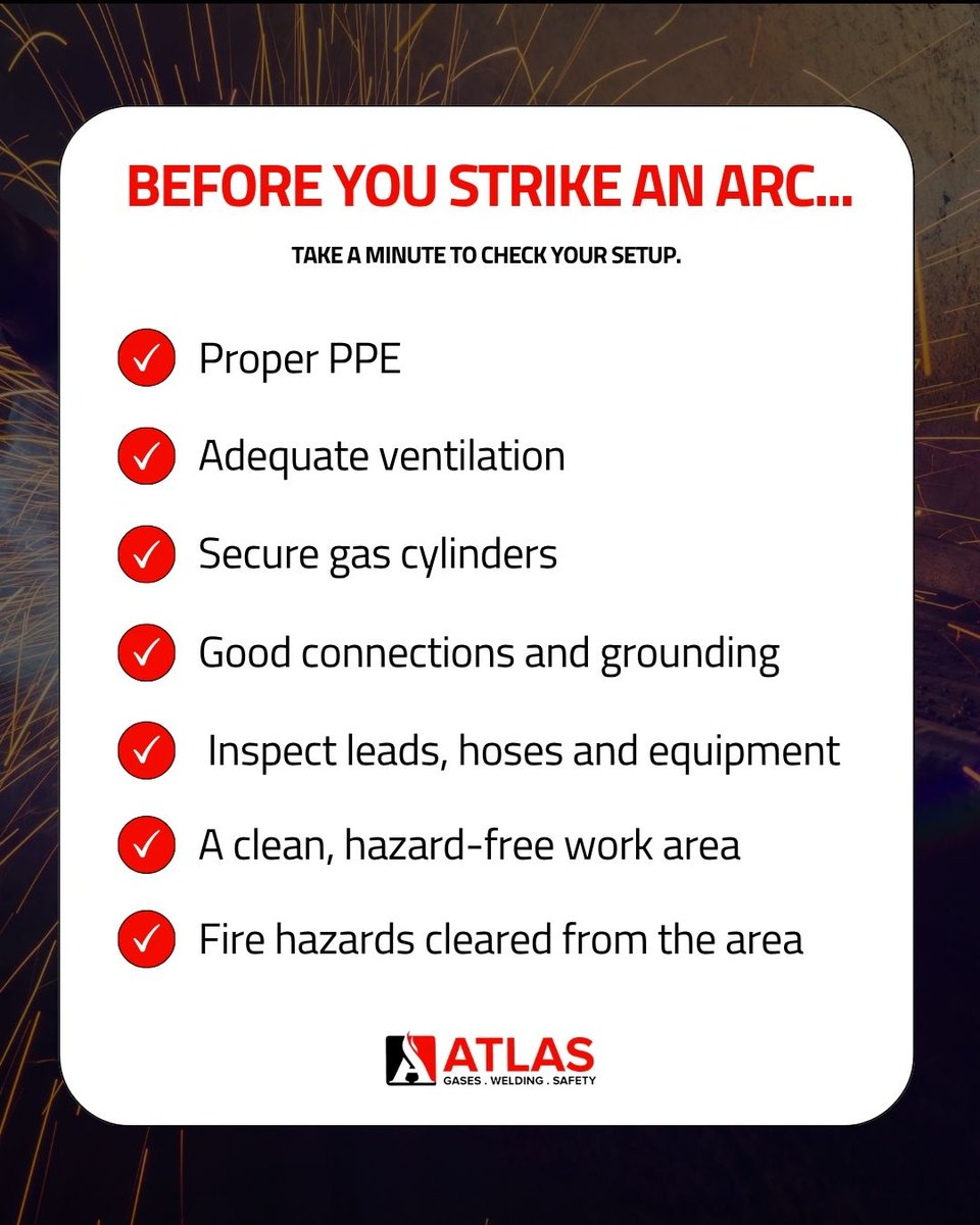 atlaswsco's tweet photo. A quick safety check can help prevent problems on the job. Work smart. Weld safe.

#WeldingSafety #WeldingTips #Welders #SafetyFirst https://t.co/YgVJQkIWki