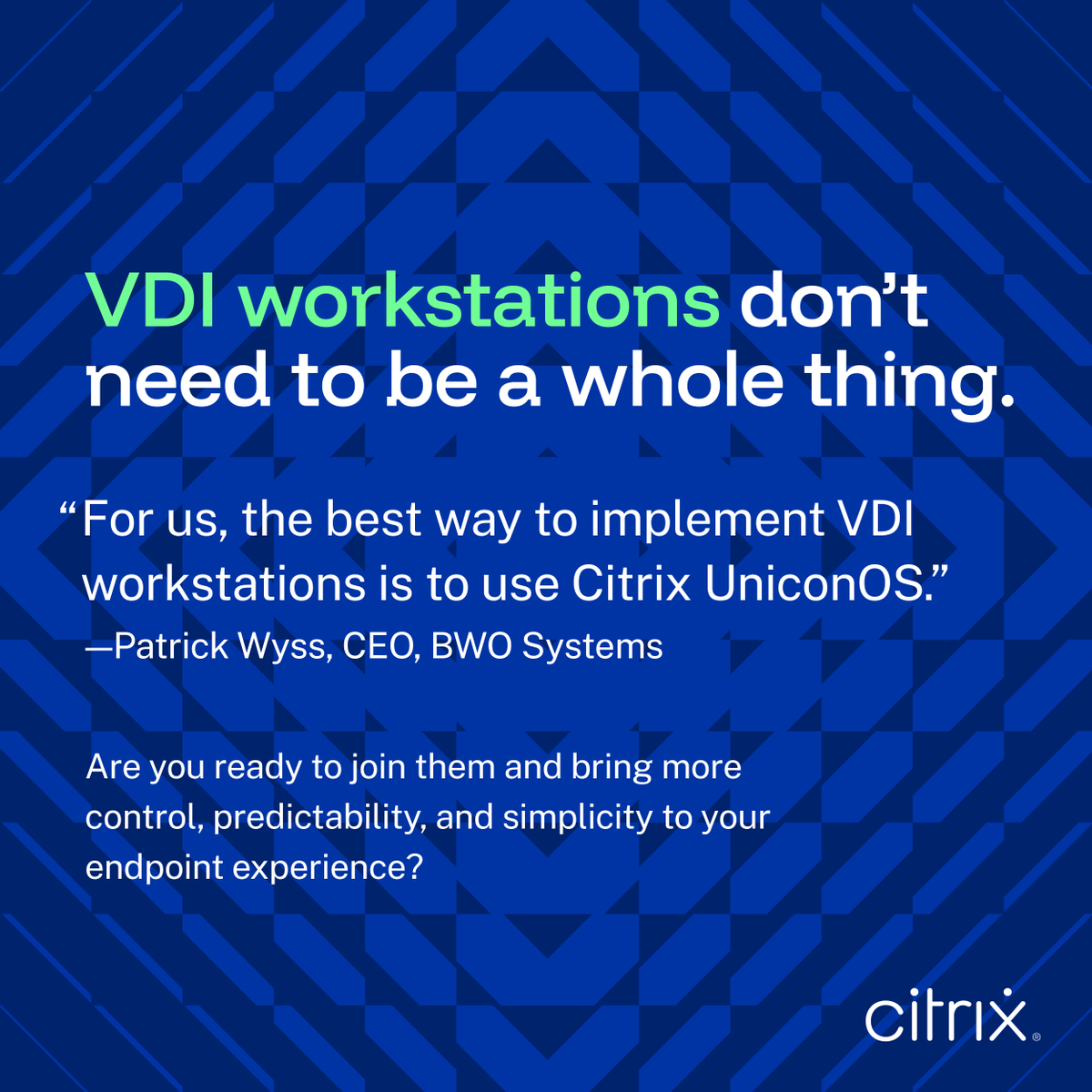 citrix's tweet photo. Endpoint OS sprawl is doing the absolute most. 

See how BWO Systems AG used Citrix #UniconOS to simplify endpoint operations and support a more consistent user experience. Read the customer story: https://t.co/VyHaBvmJdw #EndpointManagement https://t.co/QOnyqBClTe