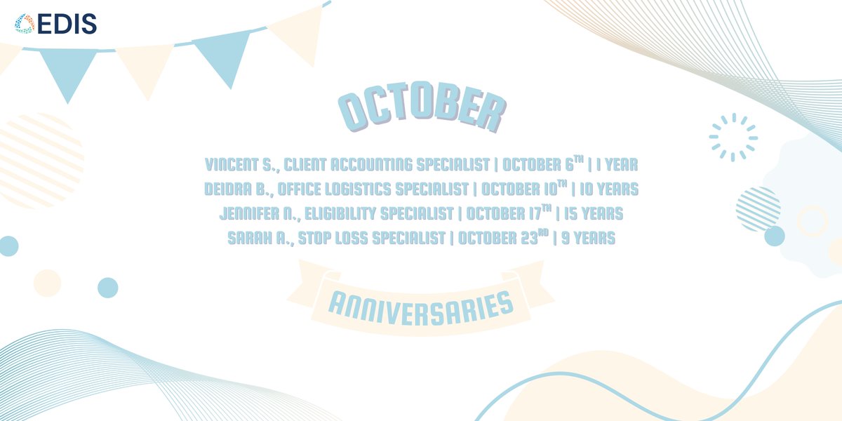 employerdriven's tweet photo. This October, we’re proud to celebrate four wonderful members of the EDIS team! 🎉 Thank you for your continued dedication, hard work, and the many ways you contribute to our success. Congratulations! 💙 https://t.co/4KmbpkOh7N