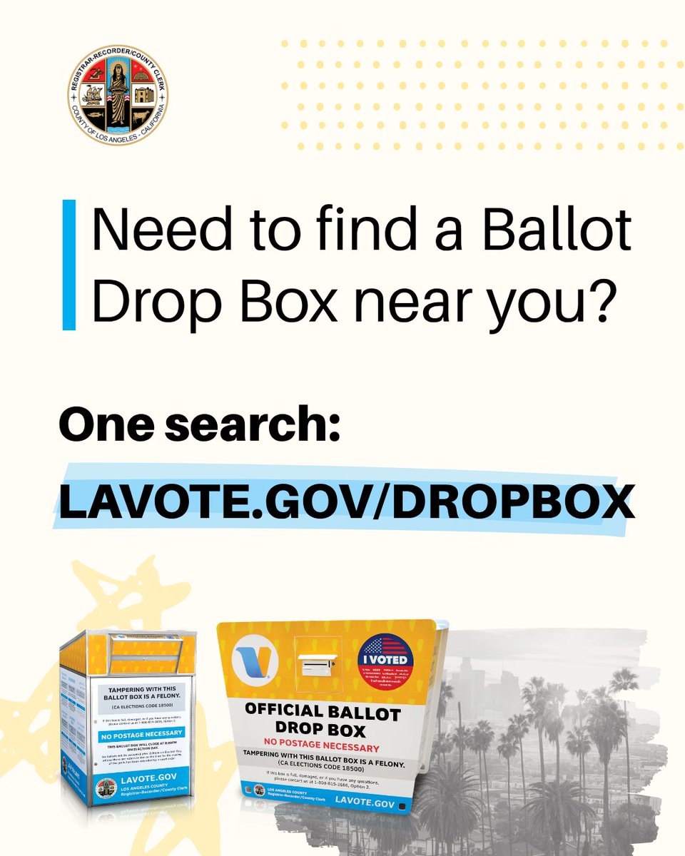 LACountyRRCC's tweet photo. Find the nearest Official Ballot Drop Box in seconds. 
📍 Enter your address at https://t.co/KcRVQuBcMM to see locations, hours, and directions. https://t.co/V4nkR7fdlU
