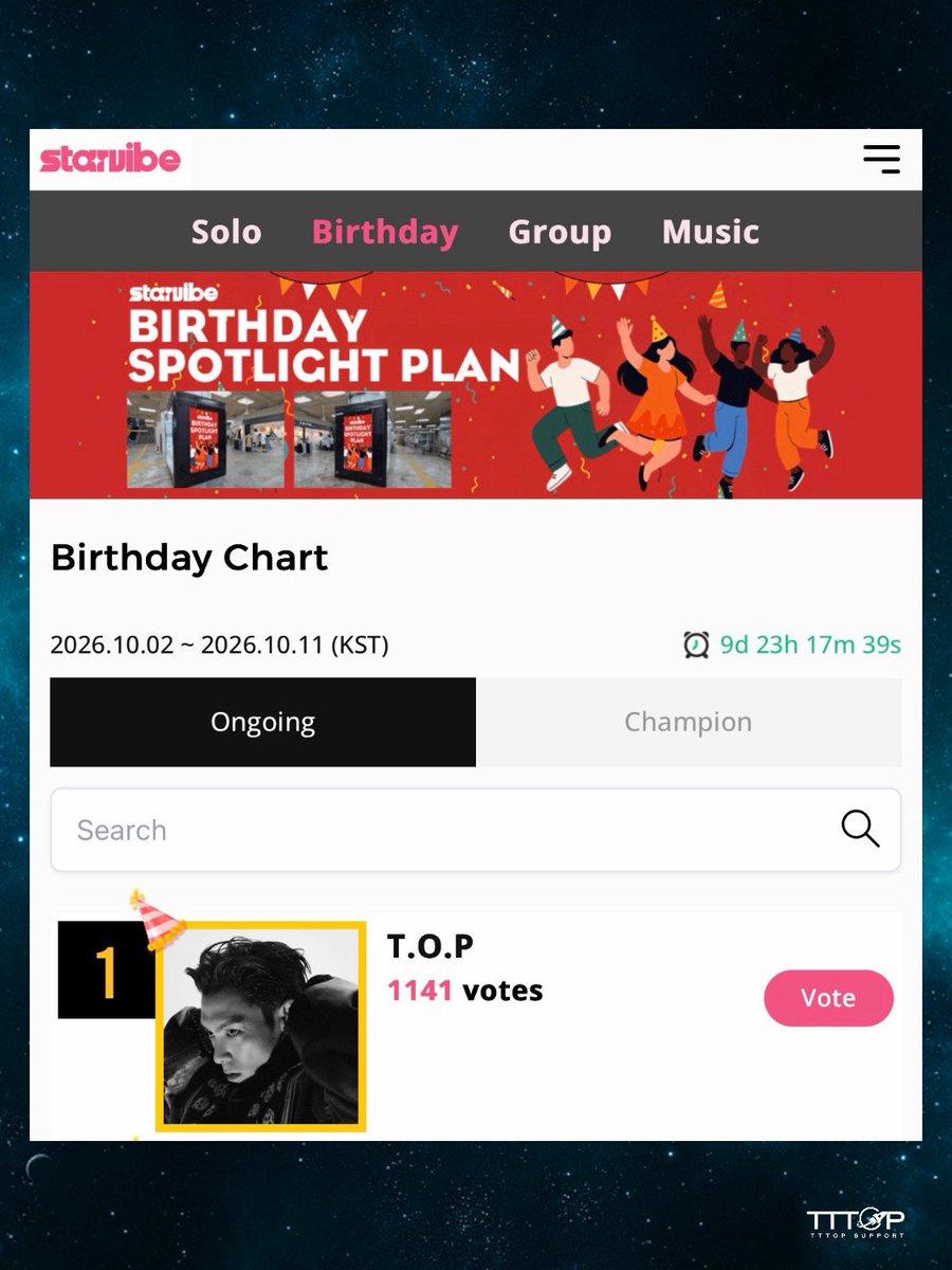 TTTOPSUPPORT's tweet photo. 🔥 VOTE FOR T.O.P in Starvibe’s NOVEMBER BIRTHDAY SPOTLIGHT! 🎂❤️‍🔥

The poll runs for 9 DAYS ONLY — from October 2 to October 11 (KST)!💪

🏆 1st place will receive a FREE birthday ad to celebrate! Let’s work together and give T.O.P a birthday celebration filled with love! 🎉

✨ Check in daily starting today!
⭐ Earn your stars
🗳️ VOTE for T.O.P!

You can also vote through our fanbase code link below so we can earn stars every time you vote! ☺️
👉🏼 https://t.co/1mH1bMjphJ

Let’s do this! Fighting! 🫶🏼

#탑 #최승현 #CHOISEUNGHYUN #TTTOP #T_O_P @starvibe2015 @topspot_pic