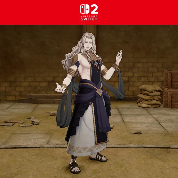 A Nintendo Switch 2 promotional image featuring a character with long silver/grey hair in fantasy attire standing in a stone dungeon-like setting.