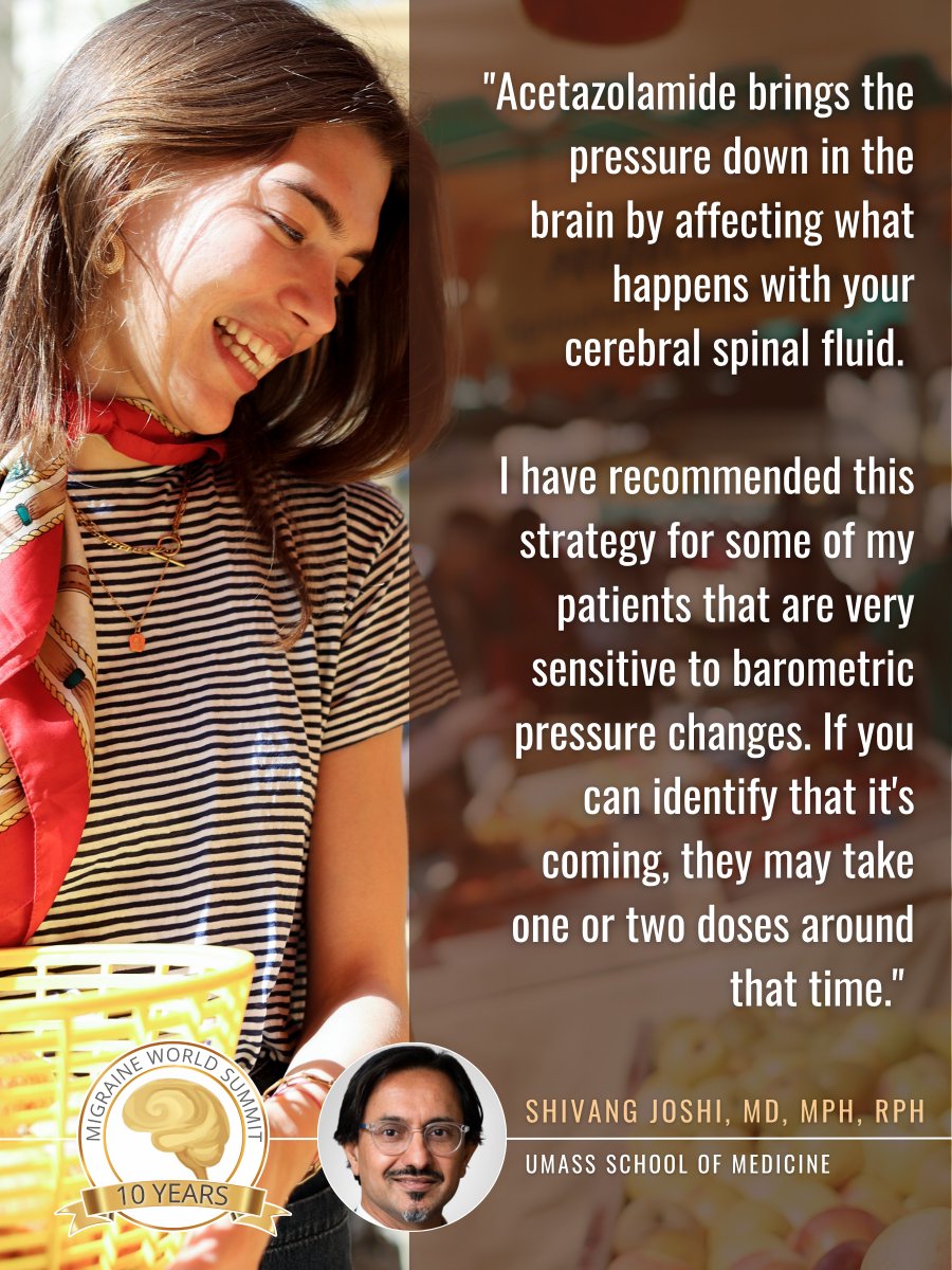 MigraineSummit's tweet photo. So many of us with migraine feel like human barometers and can tell when it is going to rain hours before it hits. 

Dr. Shivang Joshi explains how medications like acetazolamide may help this. What are your best tips for migraine attacks triggered by barometric pressure changes? https://t.co/6NyE2sopoG