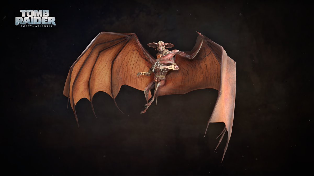 A monstrous bat-like humanoid creature with large, tattered orange wings and an exposed, skeletal torso is featured against a dark background in this image. The "TOMB RAIDER LEGACY OF ATLANTIS" logo appears in the top left corner, identifying the creature as a Winged Atlantean from the game.