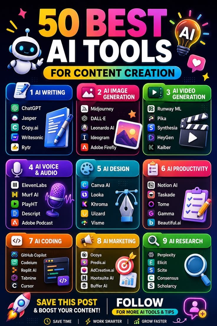 ElionLyra's tweet photo. 🚀 Your AI toolkit just got a serious upgrade.

50 powerful AI tools. 9 categories. Endless possibilities. 🤯
From writing &amp; design to video, audio &amp; research—this list has tools that can save you hours .
If you create content, you’ll want this saved. 🔖 https://t.co/VxRzPKmZws