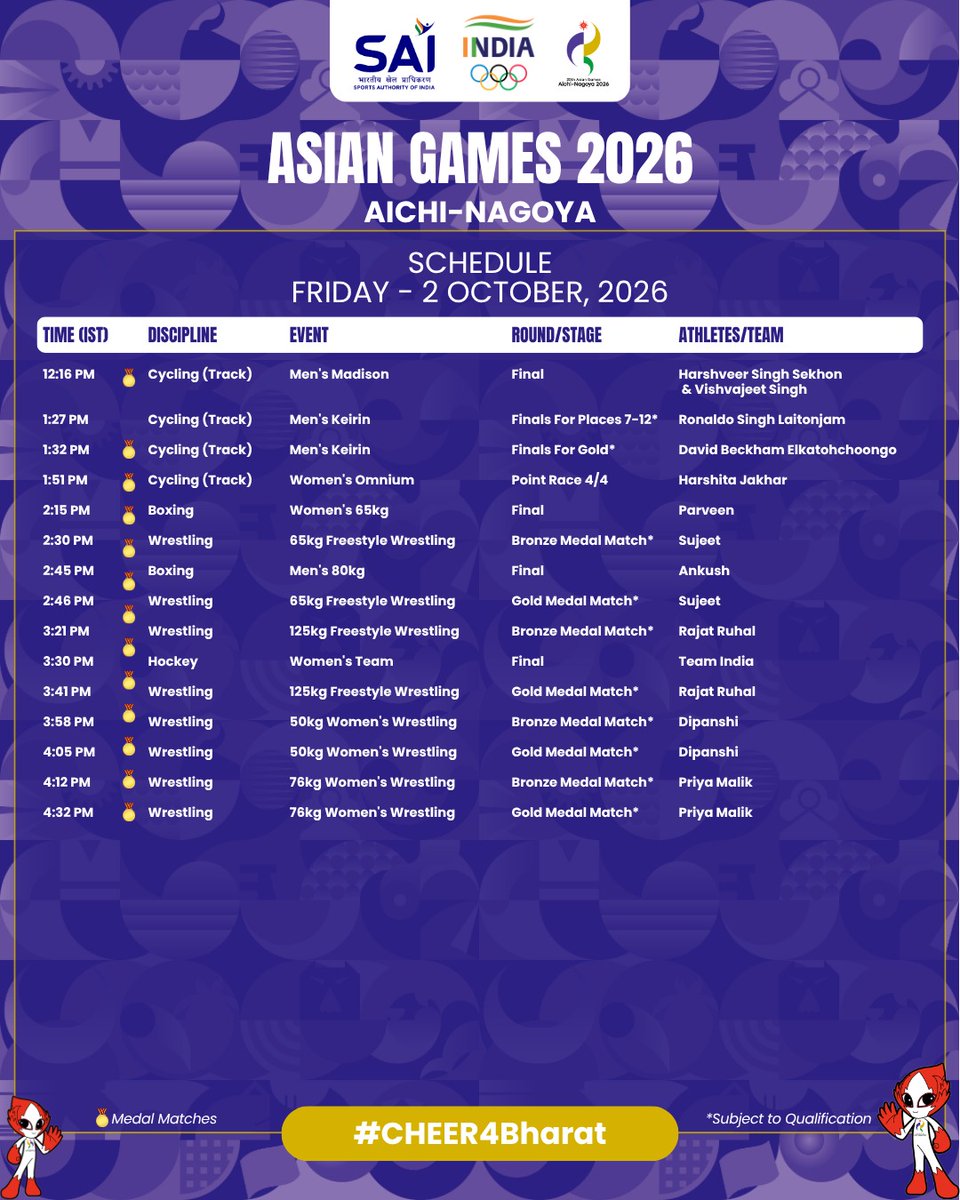 Media_SAI's tweet photo. 2 October promises another thrilling day of action for Team India at Asian Games 2026! 💪🏽

From Archery, Wrestling, Boxing & Cycling to Hockey, Sailing, Canoe Slalom and more, our athletes are set to take centre stage across multiple arenas. 🏹🥊🤼‍♂️🚴‍♂️🏑

🥇 Medal Matches | 🔥 Finals | ⚔️ Semifinals | 🎯 Qualification Rounds

Check out the complete schedule for Team India on 2 October, with all timings in IST. ⏰

Big stages. Big battles. One billion voices behind our champions! 🇮🇳❤️

Let’s #Cheer4Bharat! 🔥

#TeamIndia #BaarBaarBharatHarBaarBharat #AsianGames2026